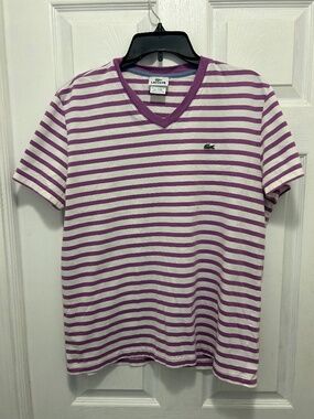 Lacoste Size 6 Purple White Striped V-Neck T-Shirt Short Sleeve Cotton Tee